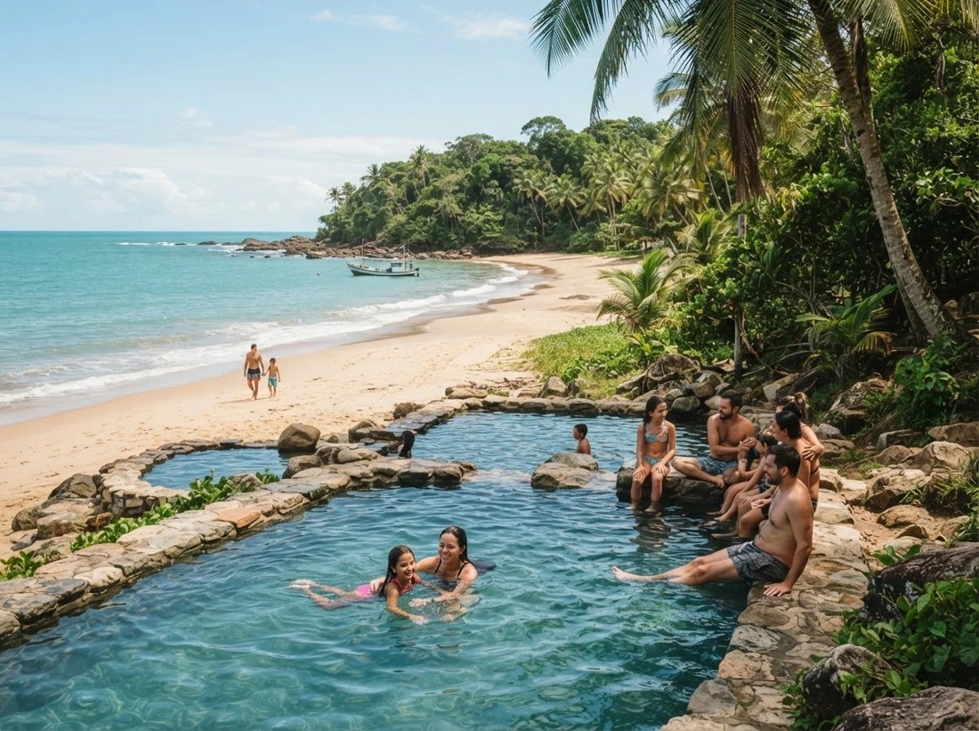 Paisagem de praia e piscinas naturais na região de Olivença